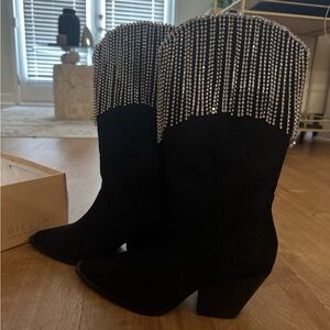 Billini Aire Black Suede Diamanté Rhinestone Fringe Cowboy Boots